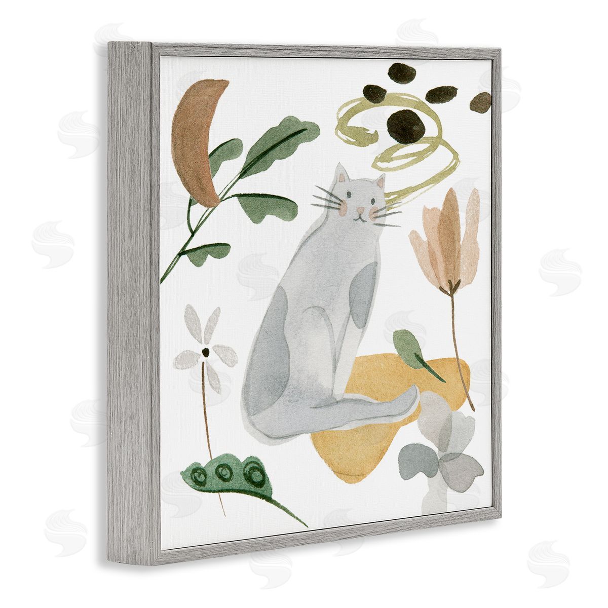 Melissa Wang Floral Happy Cat Botanicals Gray Framed Glicee Wall Art Print