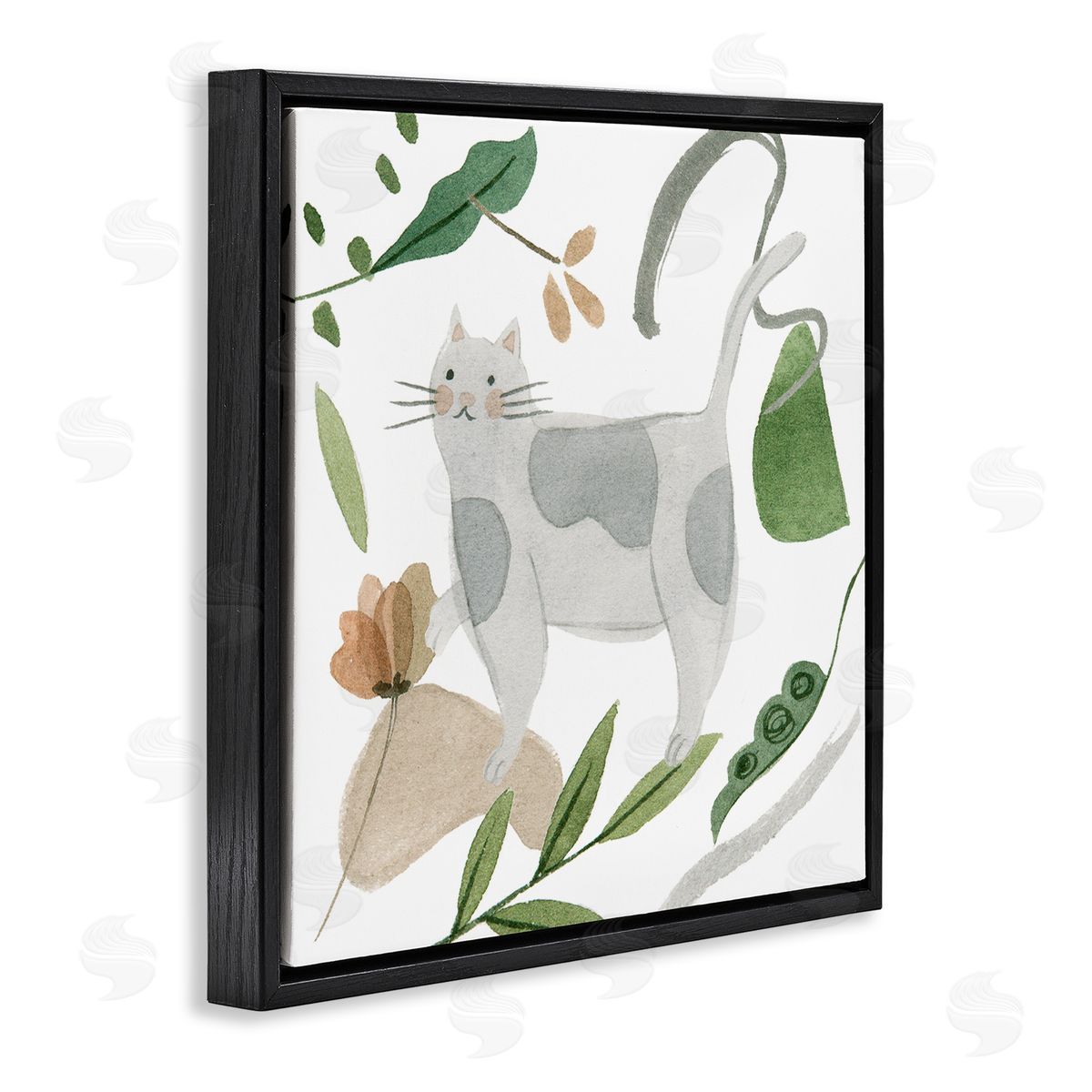 Melissa Wang Cottage Herbs Cat Arrangement Black Floating Frame Canvas Wall Art Print