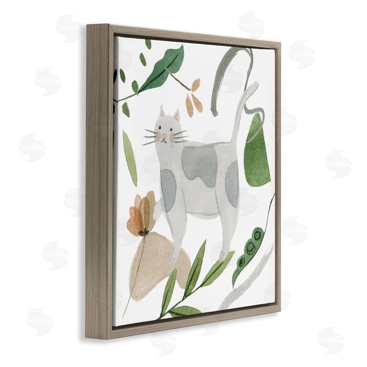 Melissa Wang Cottage Herbs Cat Arrangement Brown Floating Frame Canvas Wall Art Print