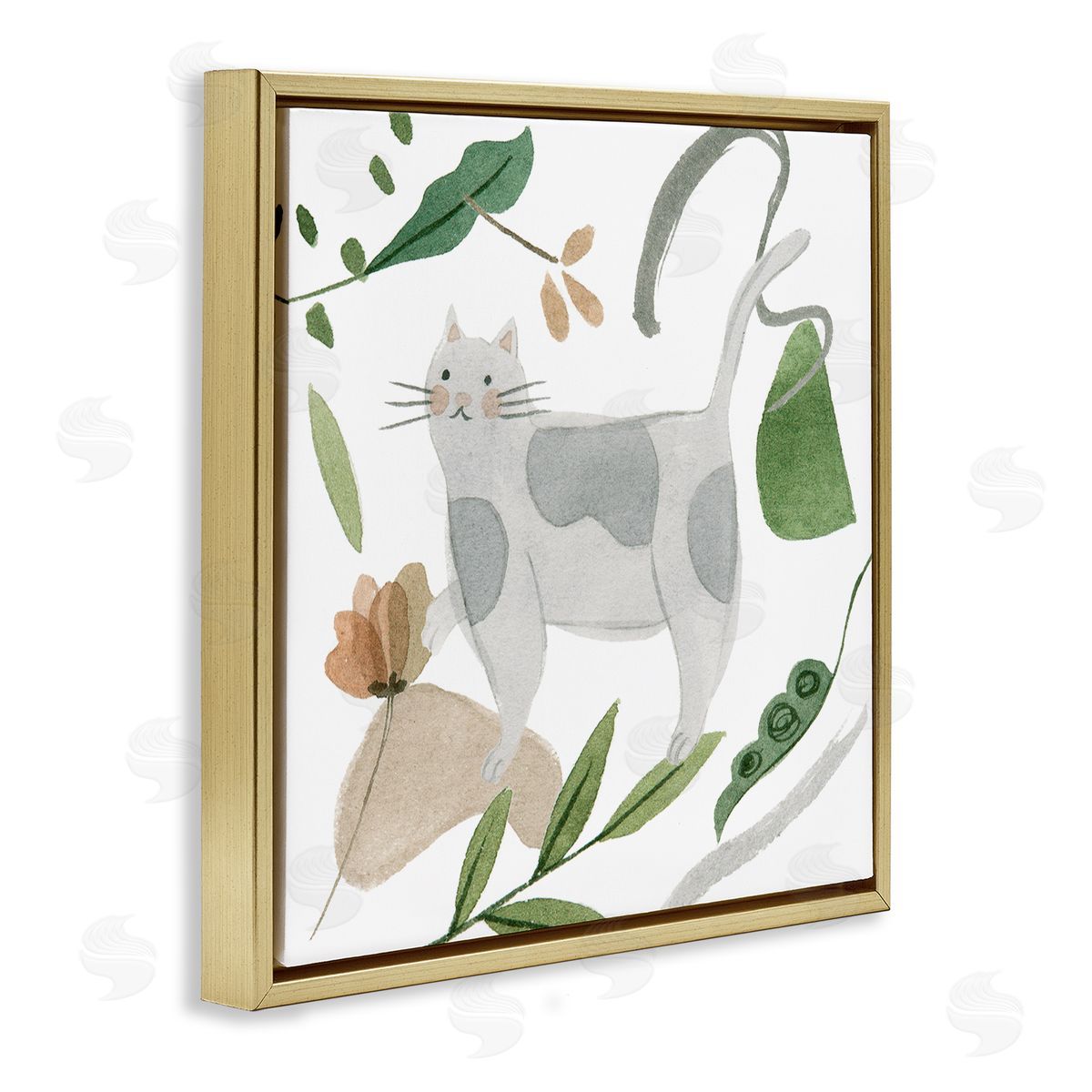 Melissa Wang Cottage Herbs Cat Arrangement Gold Floating Frame Canvas Wall Art Print