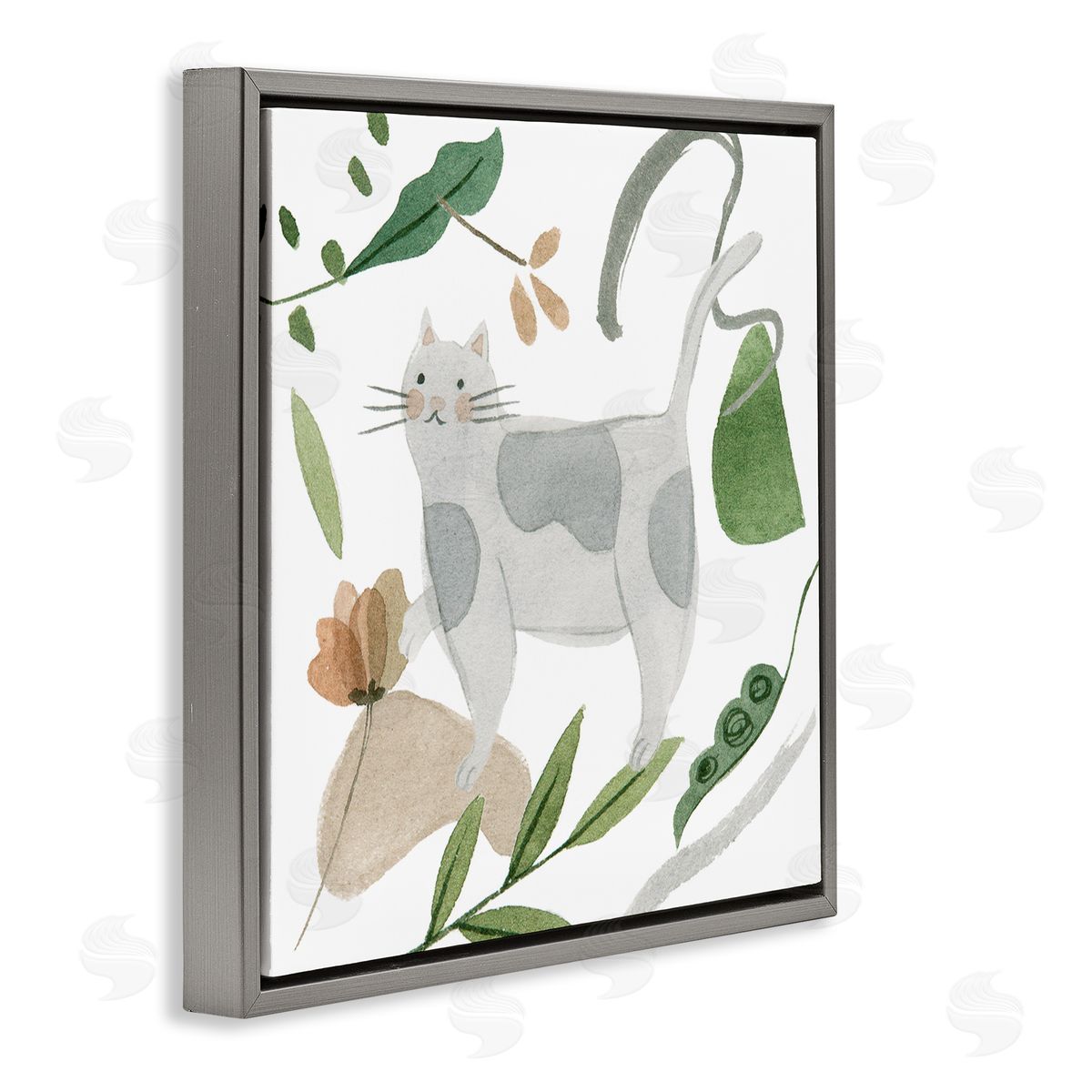 Melissa Wang Cottage Herbs Cat Arrangement Gray Floating Frame Canvas Wall Art Print