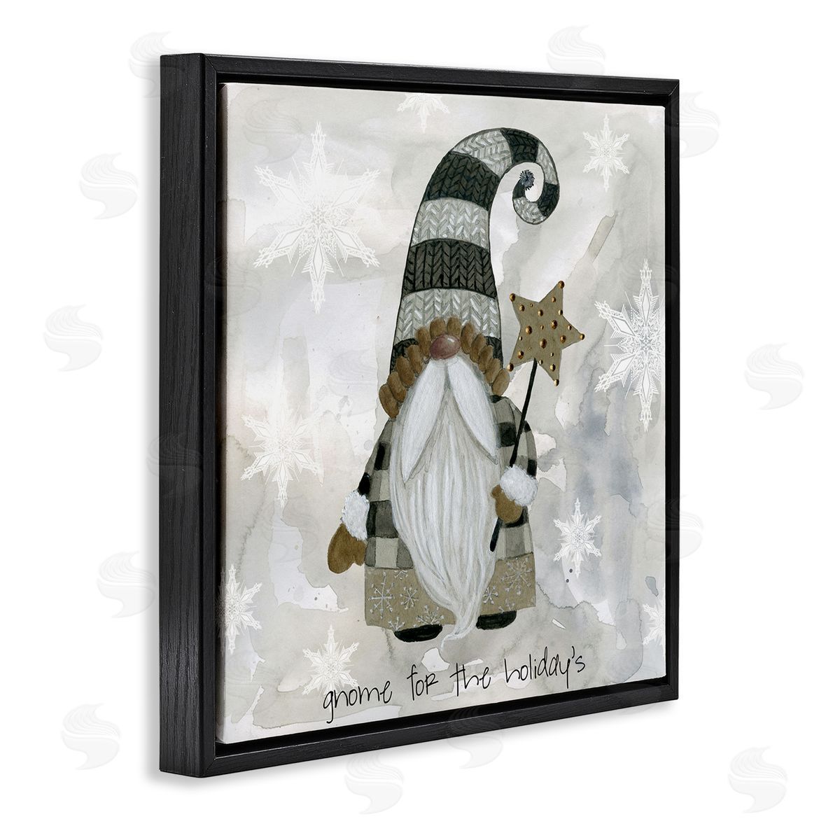 Livi Finn Gnome For Holidays Snowflakes Black Floating Frame Canvas Wall Art Print