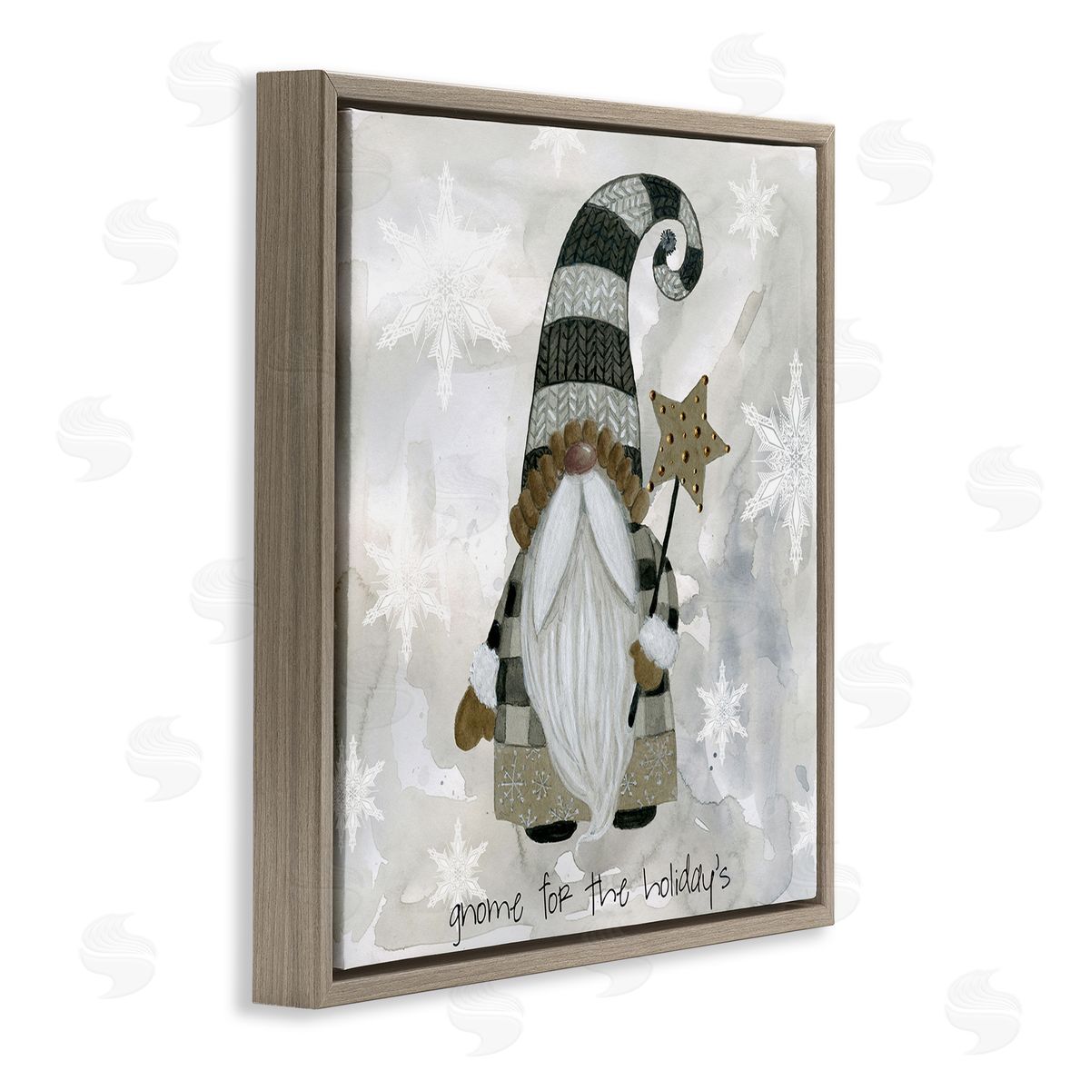 Livi Finn Gnome For Holidays Snowflakes Brown Floating Frame Canvas Wall Art Print