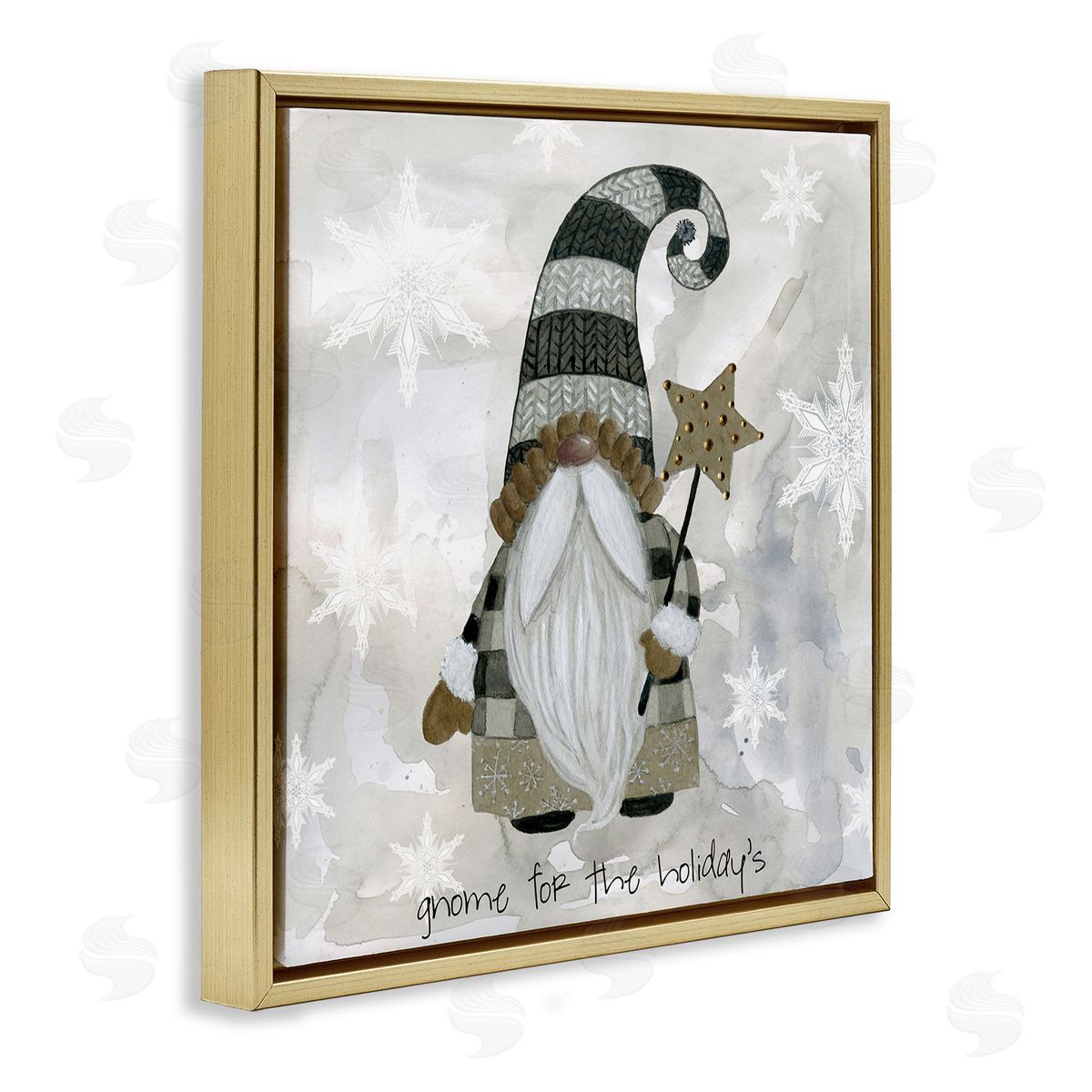 Livi Finn Gnome For Holidays Snowflakes Gold Floating Frame Canvas Wall Art Print