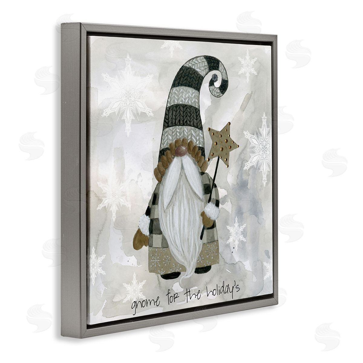 Livi Finn Gnome For Holidays Snowflakes Gray Floating Frame Canvas Wall Art Print