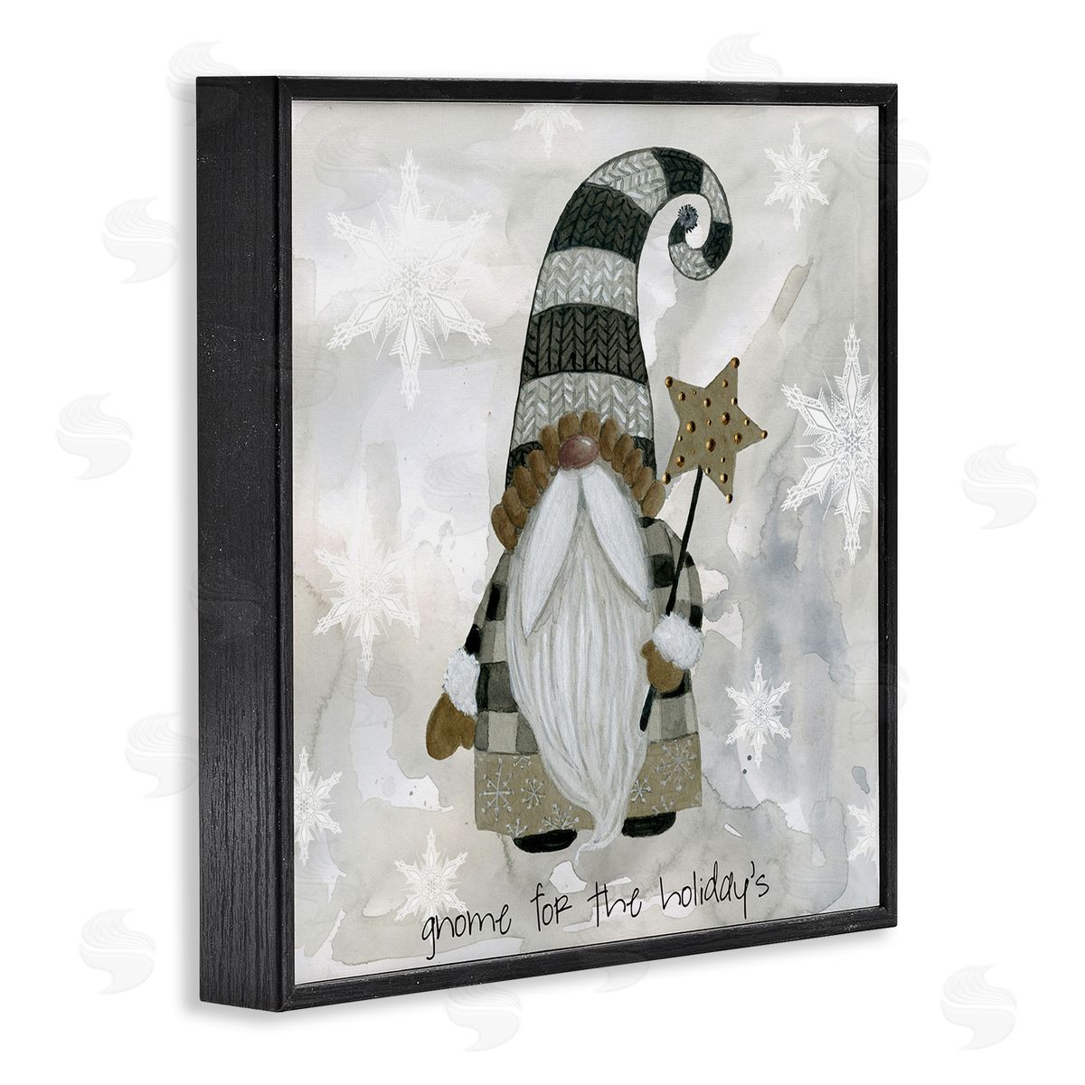 Livi Finn Gnome For Holidays Snowflakes Black Framed Glicee Wall Art Print
