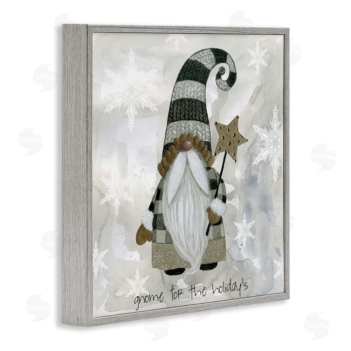 Livi Finn Gnome For Holidays Snowflakes Gray Framed Glicee Wall Art Print