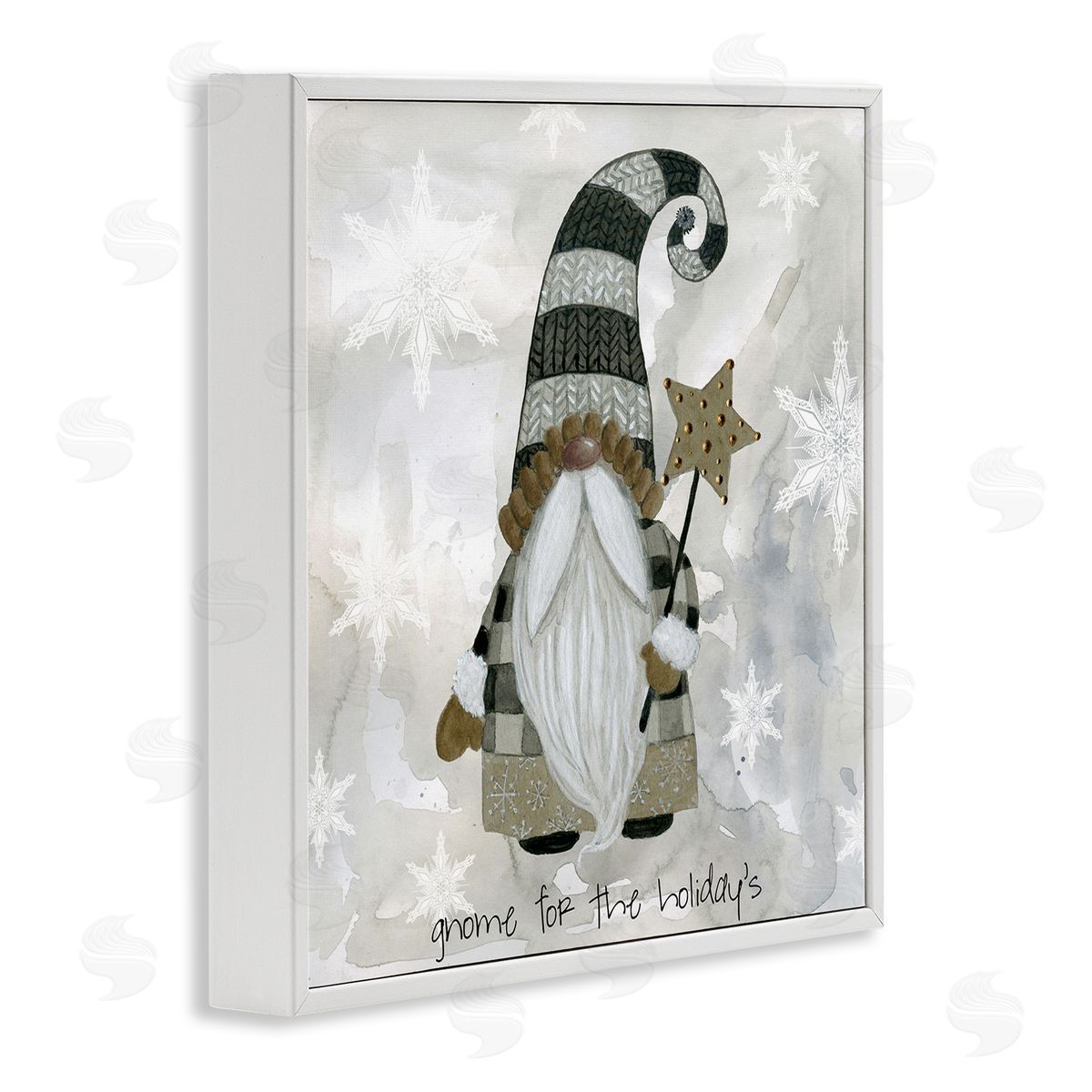 Livi Finn Gnome For Holidays Snowflakes White Framed Glicee Wall Art Print