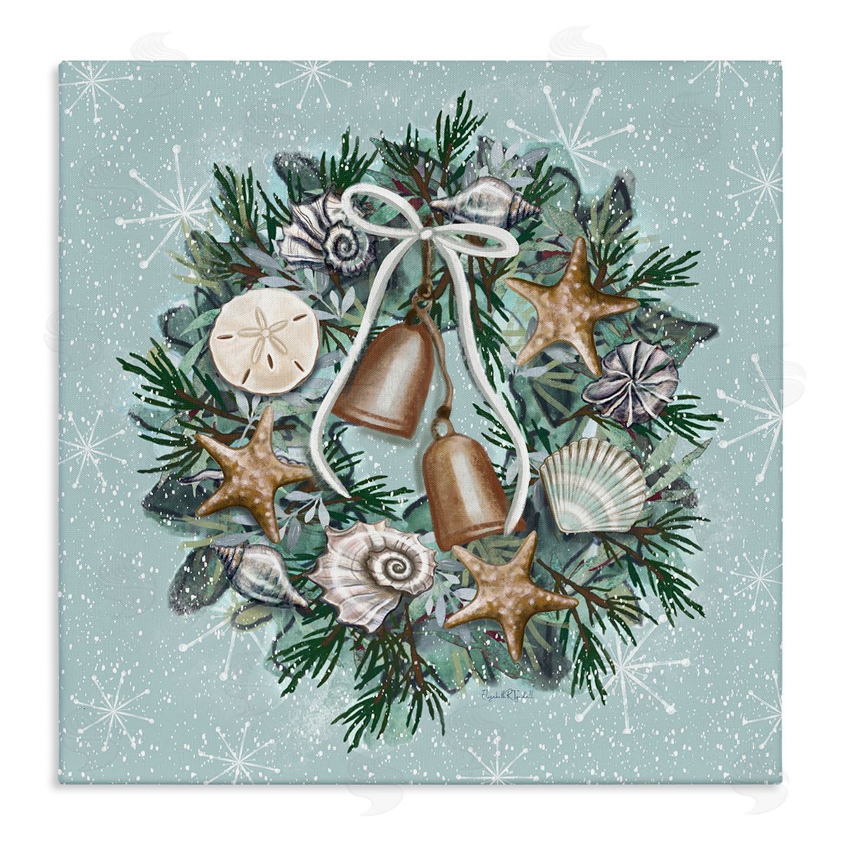 Elizabeth Tyndall Nautical Holiday Seashell Wreath Stretched Canvas Wall Art Print