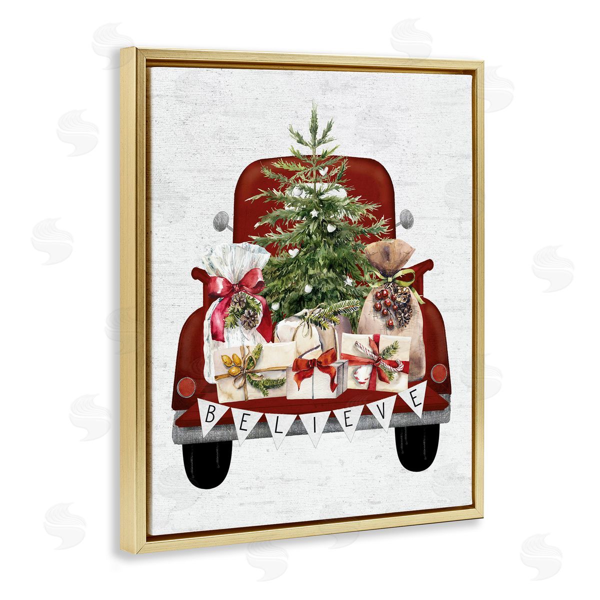 Believe Seasonal Christmas Truck Gold Floating Frame Canvas Wall Art, Home Decor by Lettered and Lined