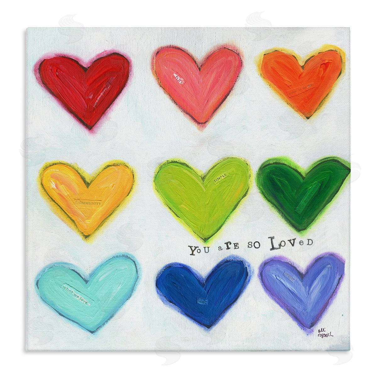 You Are So Loved Rainbow Hearts Canvas Wall Art, Home Decor by Alli Rogosich