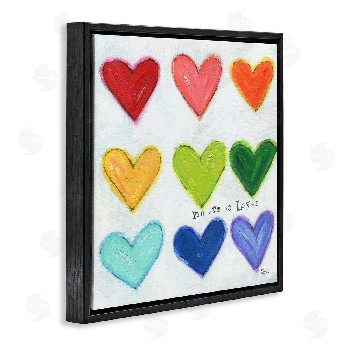 You Are So Loved Rainbow Hearts Black Floating Frame Canvas Wall Art, Home Decor by Alli Rogosich
