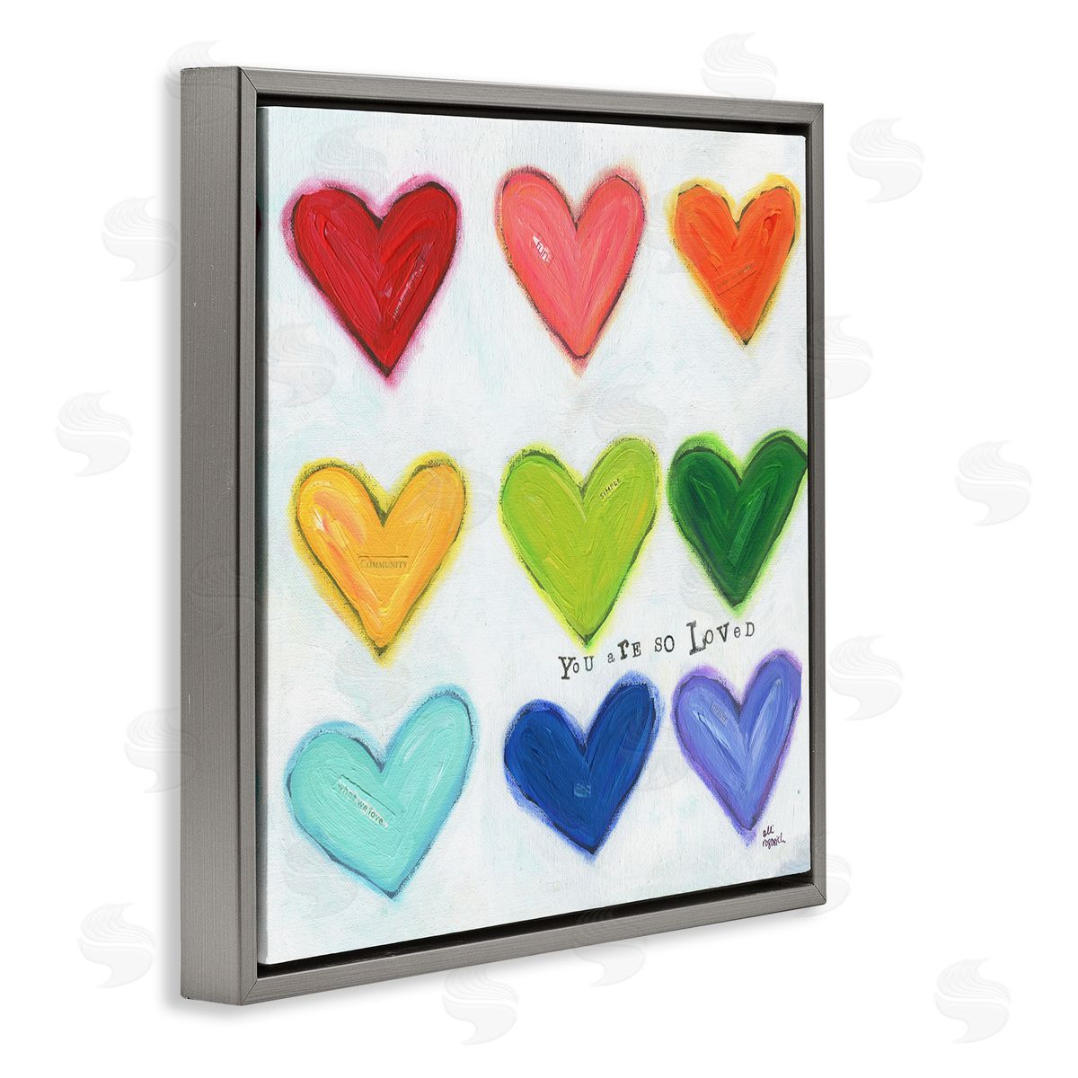 You Are So Loved Rainbow Hearts Grey Floating Frame Canvas Wall Art, Home Decor by Alli Rogosich