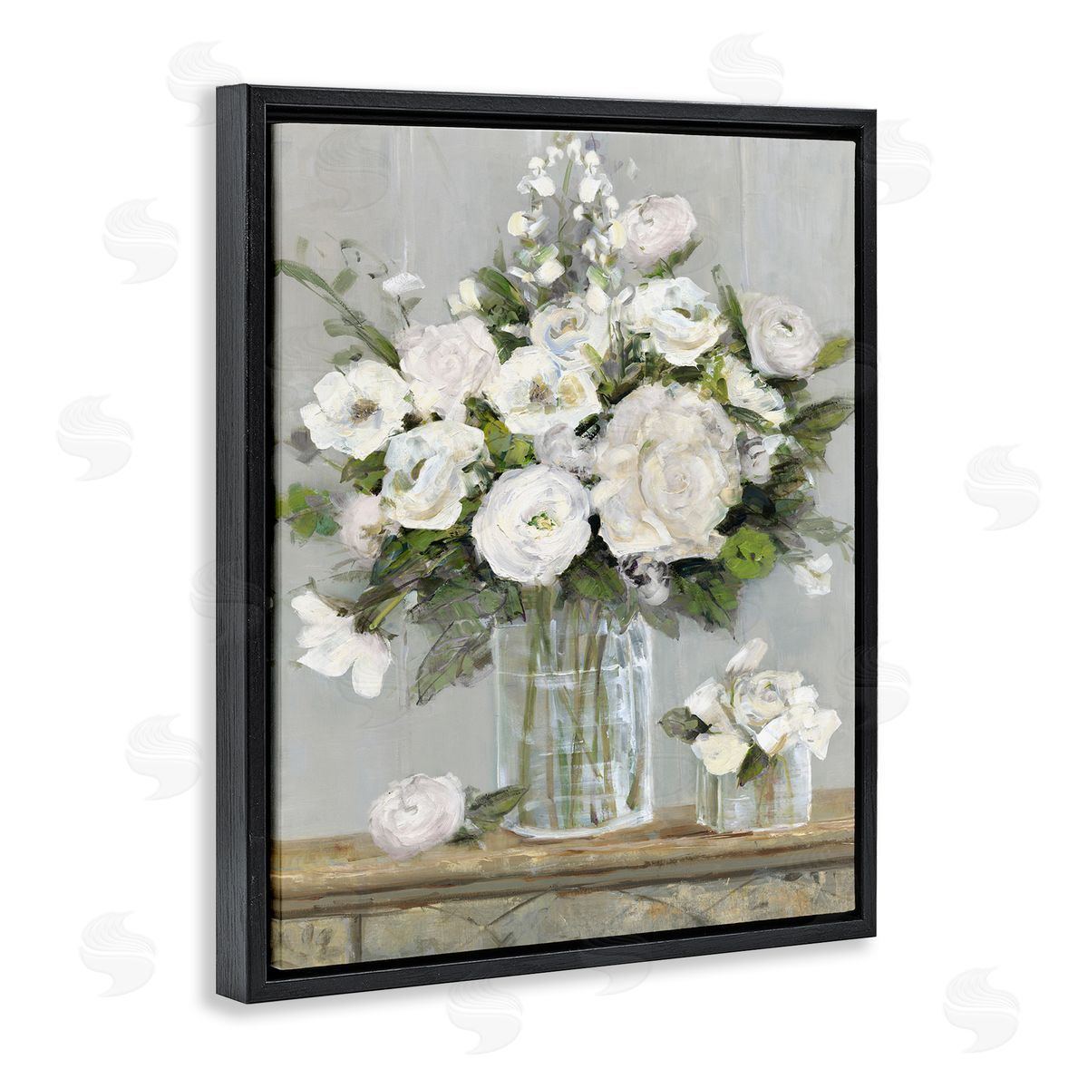 Country White Full Blossoms Black Floating Frame Canvas Wall Art, Home Decor by Sally Swatland