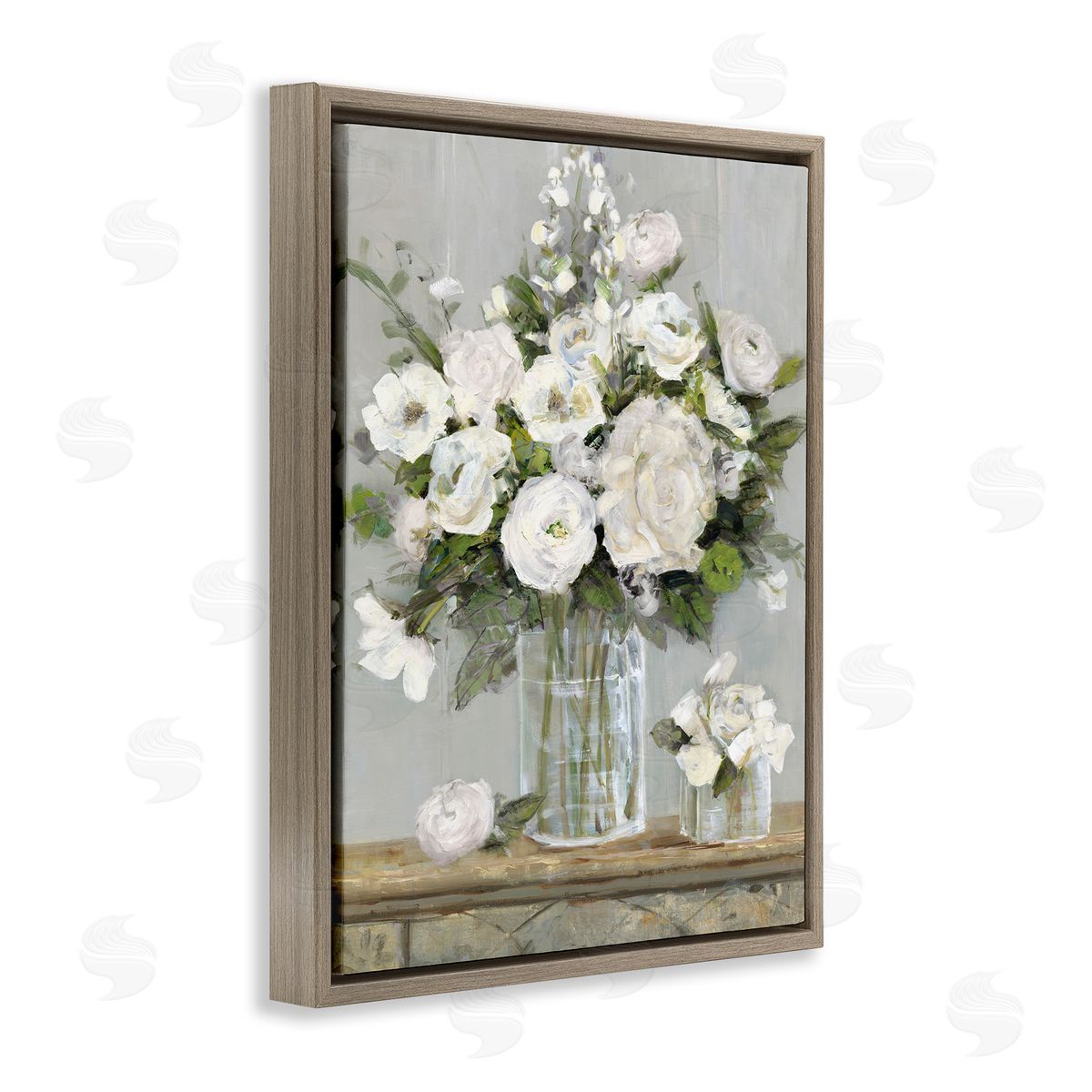 Country White Full Blossoms Brown Floating Frame Canvas Wall Art, Home Decor by Sally Swatland