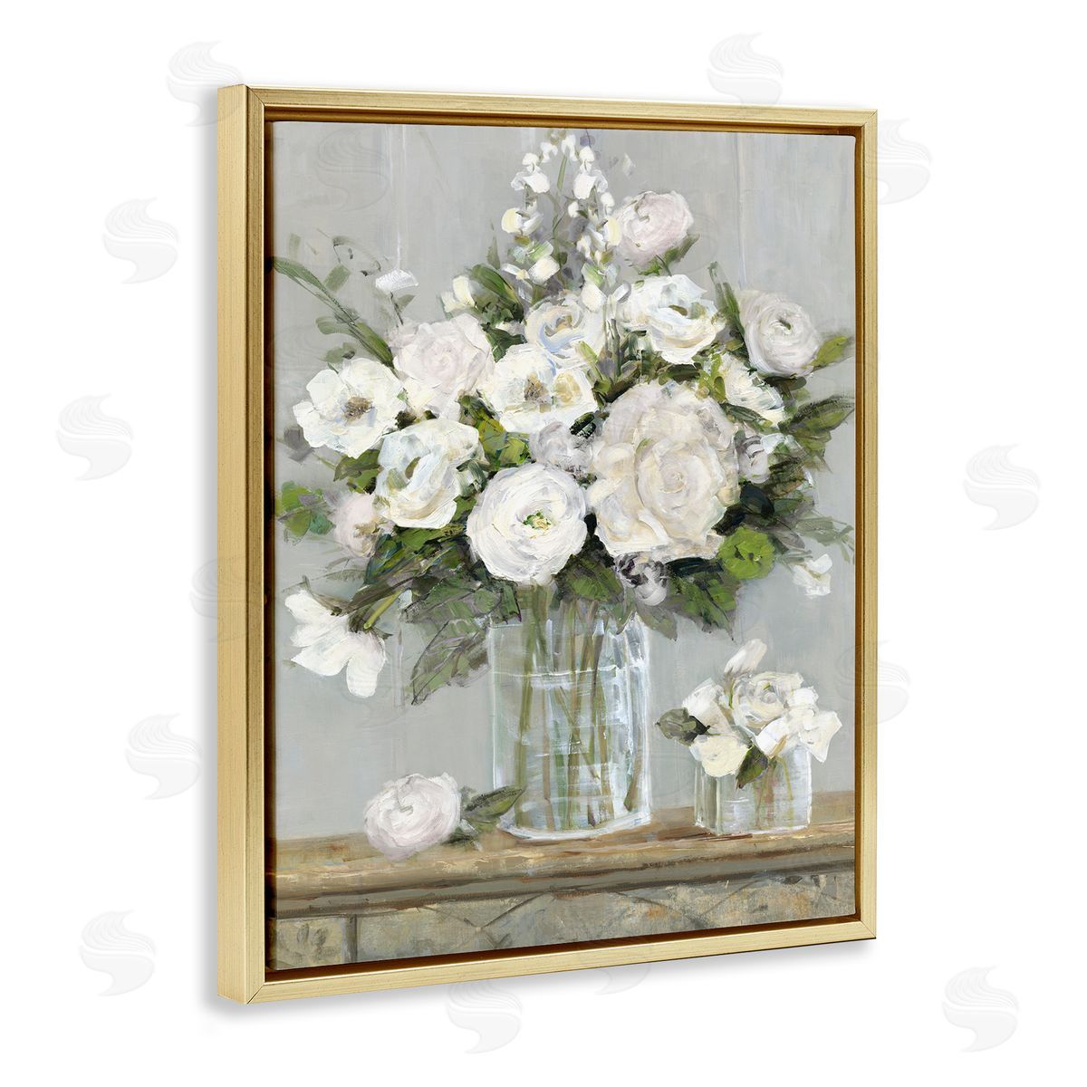 Country White Full Blossoms Gold Floating Frame Canvas Wall Art, Home Decor by Sally Swatland