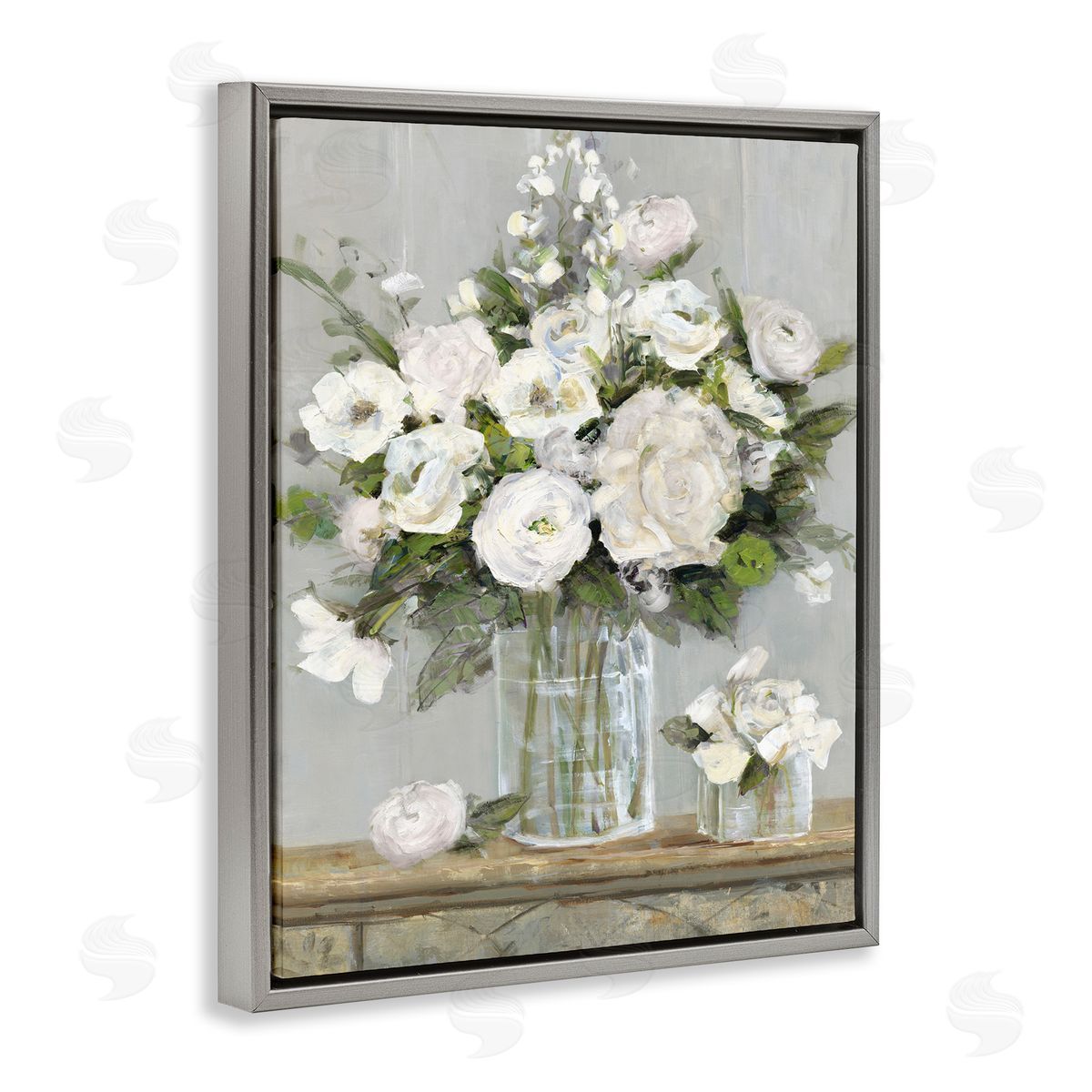 Country White Full Blossoms Grey Floating Frame Canvas Wall Art, Home Decor by Sally Swatland