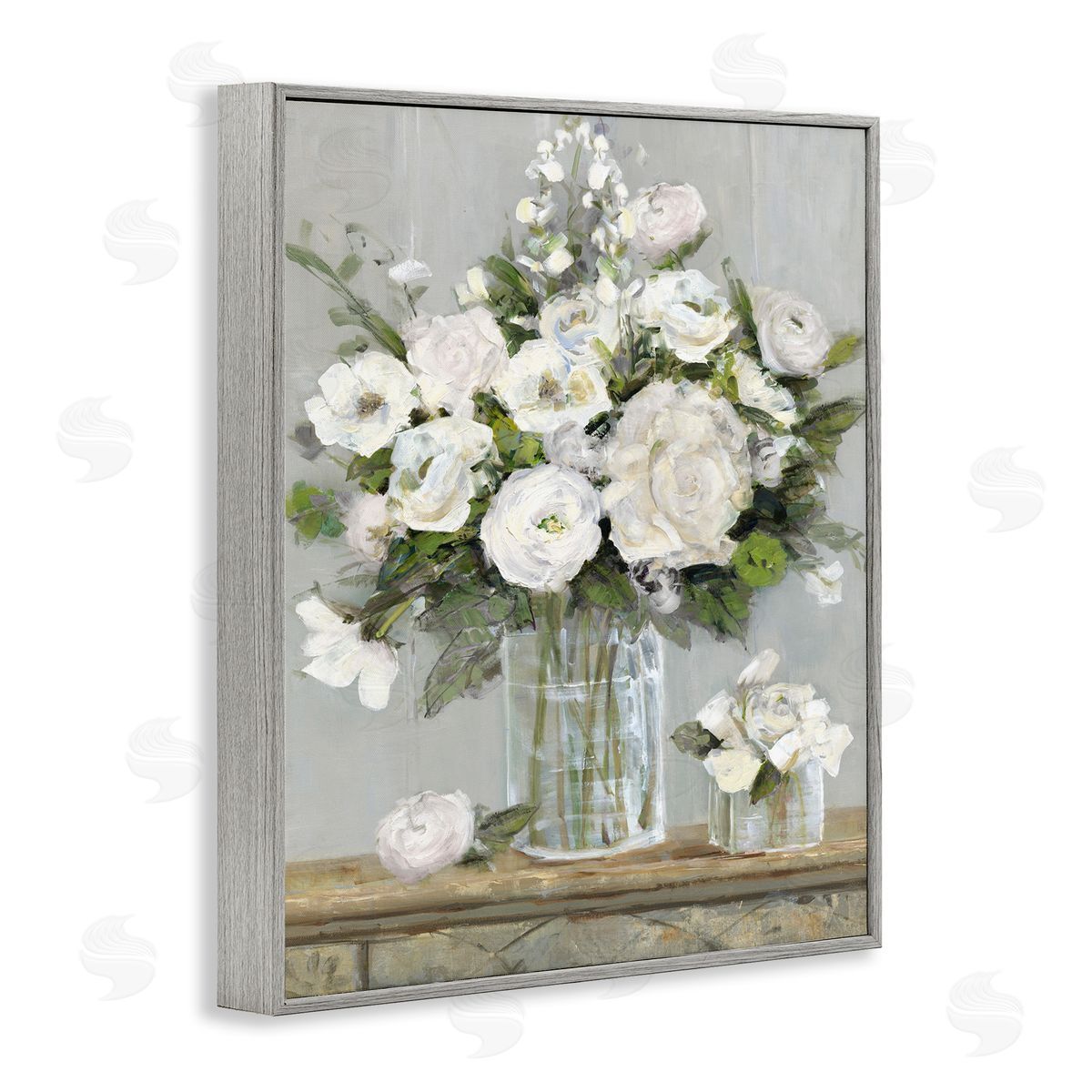 Country White Full Blossoms Grey Frame Print Wall Art, Home Decor by Sally Swatland