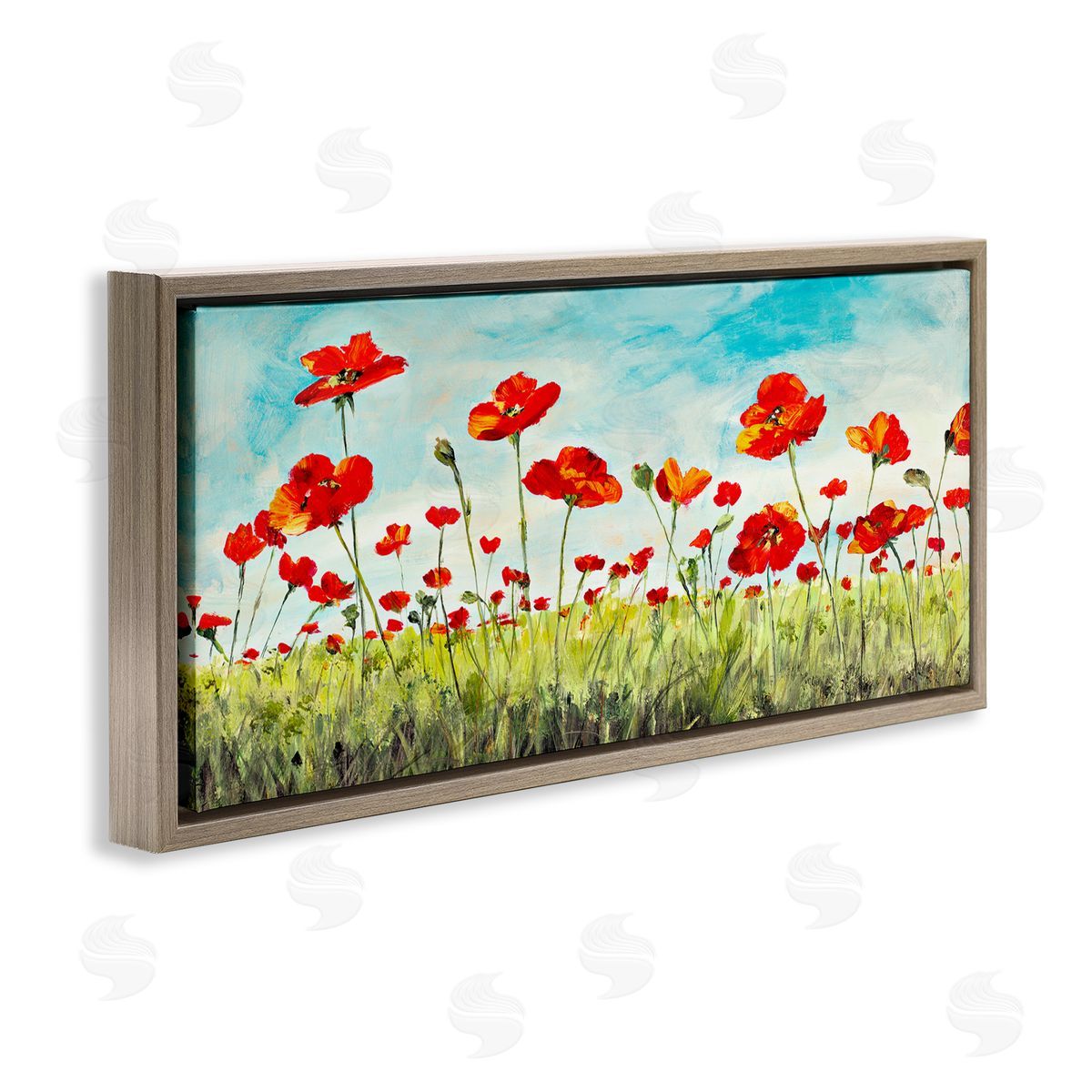 Bright Red Poppies Meadow Brown Floating Frame Canvas Wall Art, Home Decor by Julie DeRice