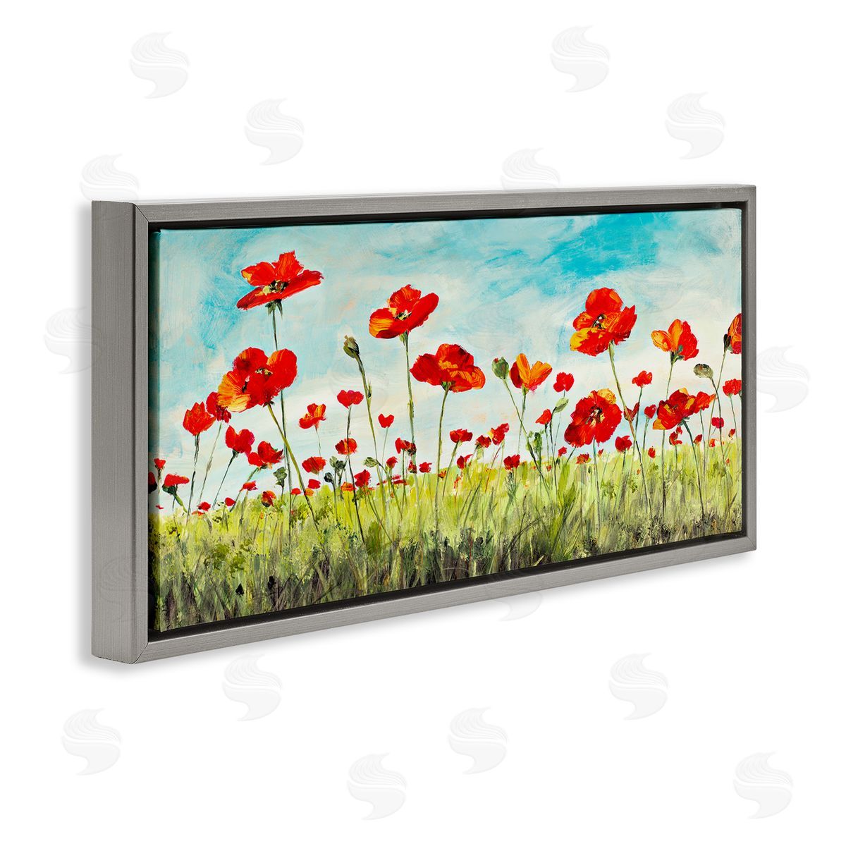 Bright Red Poppies Meadow Grey Floating Frame Canvas Wall Art, Home Decor by Julie DeRice