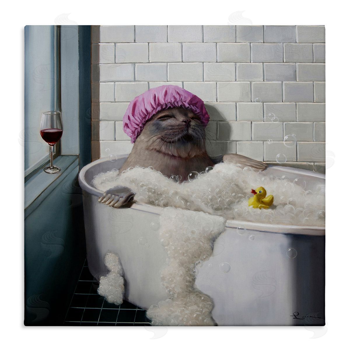 Lucia Heffernan Relaxing Seal Bathtub Wine Glass Stretched Canvas Wall Art Print