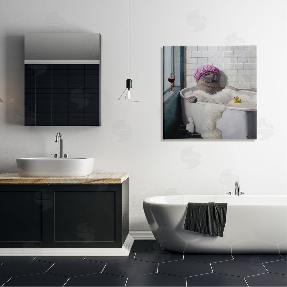 Lucia Heffernan Relaxing Seal Bathtub Wine Glass Canvas Wall Art in Room