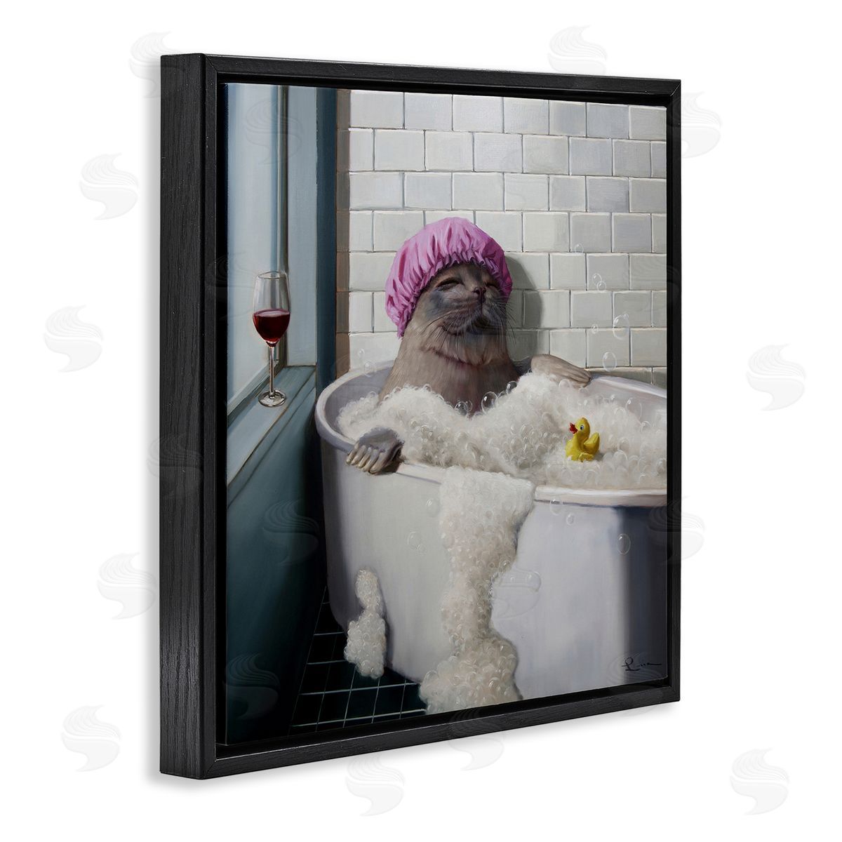 Lucia Heffernan Relaxing Seal Bathtub Wine Glass Black Floating Frame Canvas Wall Art Print