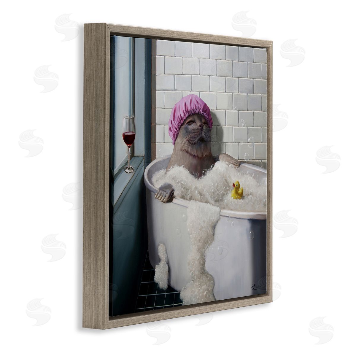 Lucia Heffernan Relaxing Seal Bathtub Wine Glass Brown Floating Frame Canvas Wall Art Print