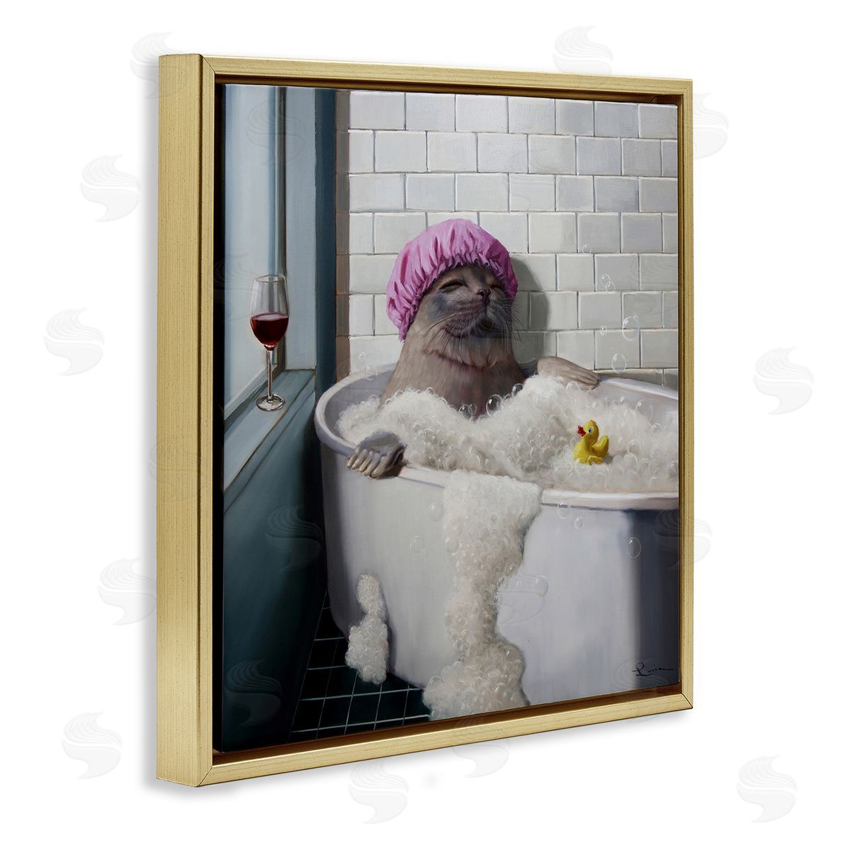 Lucia Heffernan Relaxing Seal Bathtub Wine Glass Gold Floating Frame Canvas Wall Art Print