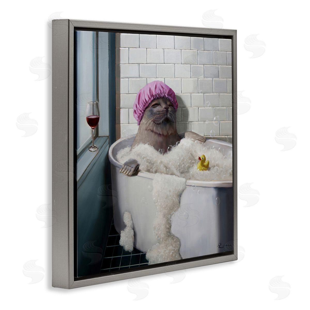 Lucia Heffernan Relaxing Seal Bathtub Wine Glass Gray Floating Frame Canvas Wall Art Print