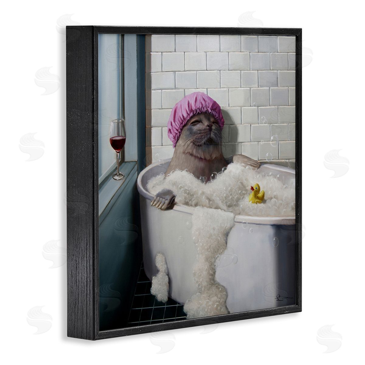 Lucia Heffernan Relaxing Seal Bathtub Wine Glass Black Framed Glicee Wall Art Print