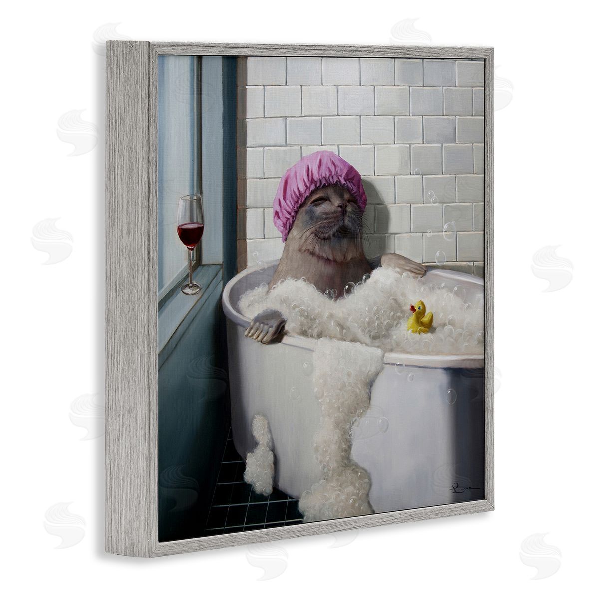 Lucia Heffernan Relaxing Seal Bathtub Wine Glass Gray Framed Glicee Wall Art Print