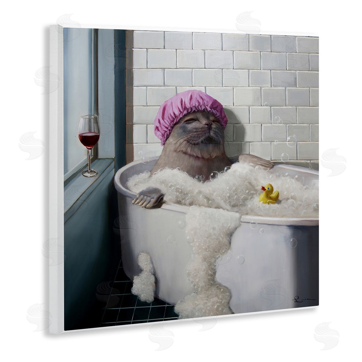 Lucia Heffernan Relaxing Seal Bathtub Wine Glass Wooden Wall Plaque Art Print