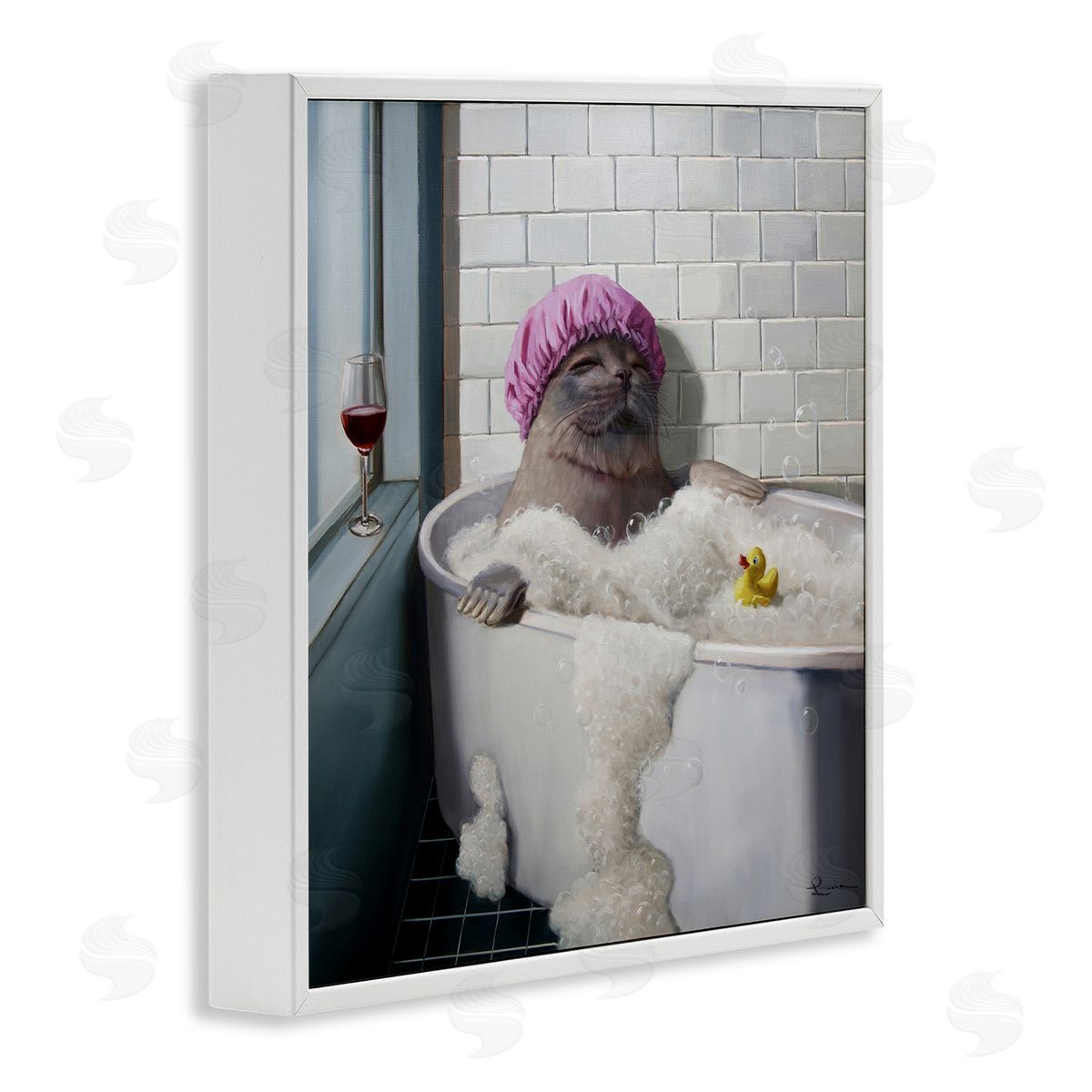 Lucia Heffernan Relaxing Seal Bathtub Wine Glass White Framed Glicee Wall Art Print