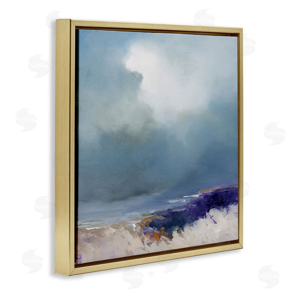 Patrick Dennis Overcast Ocean Splashing Waves Gold Floating Frame Canvas Wall Art Print