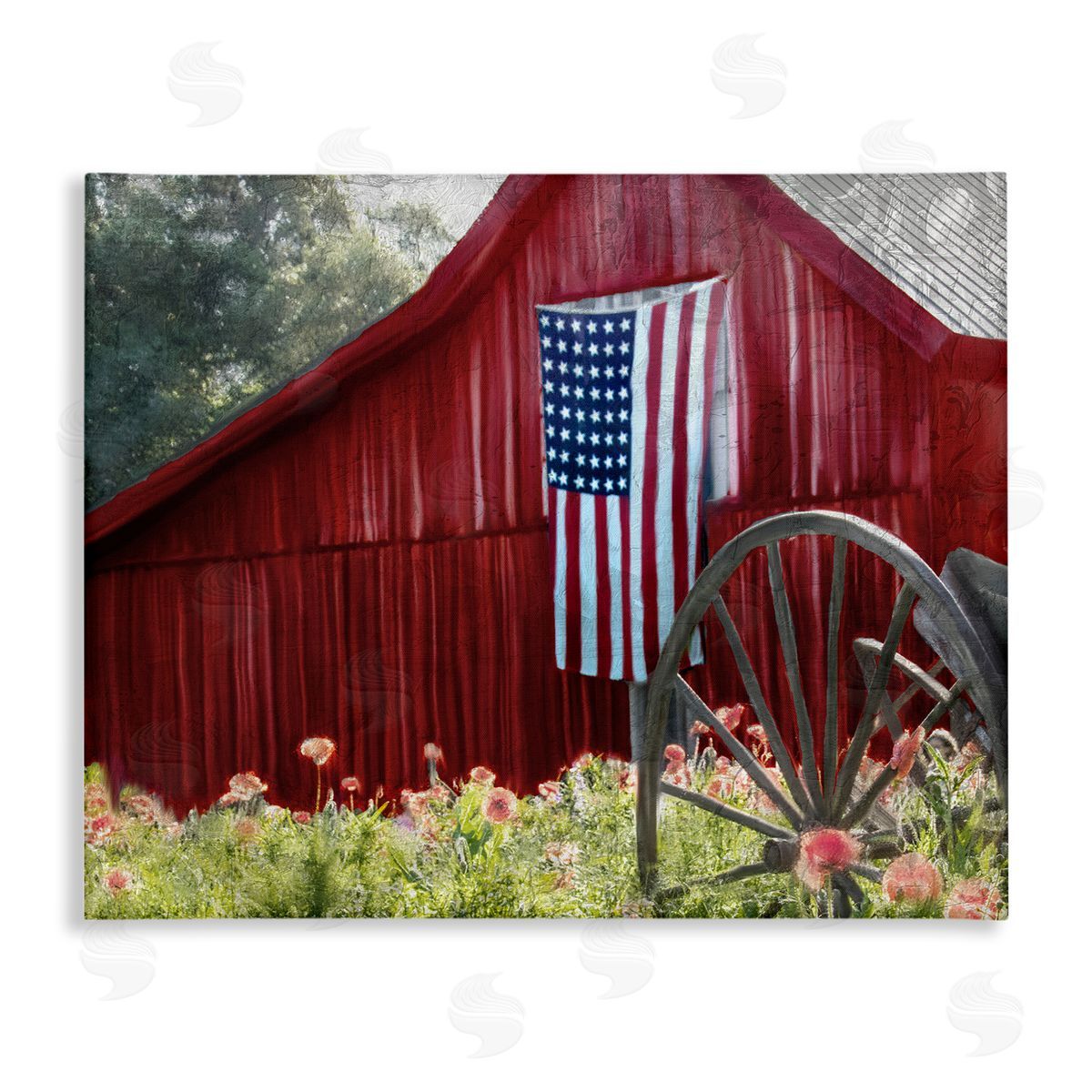Red Barn with American Flag Canvas Wall Art, Home Decor by Kim Allen