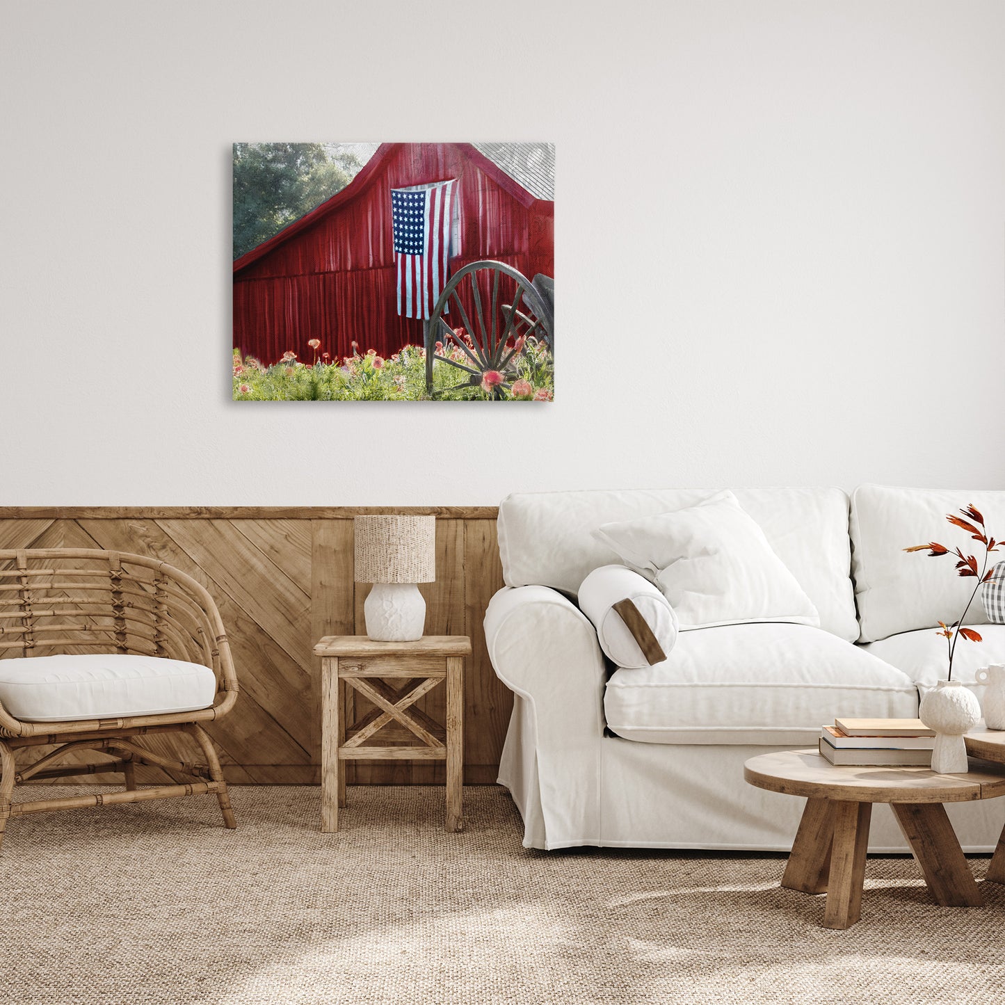 Red Barn with American Flag Canvas Wall Art in Room, Home Decor by Kim Allen