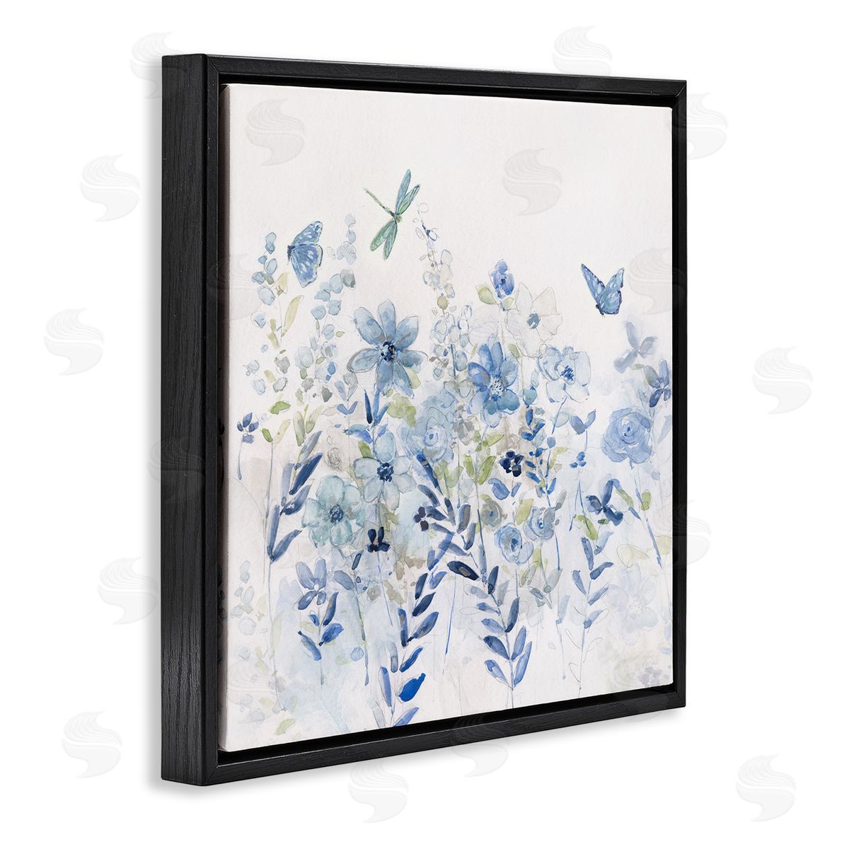 Delicate Blue Floral Garden Black Floating Frame Canvas Wall Art, Home Decor by Sally Swatland