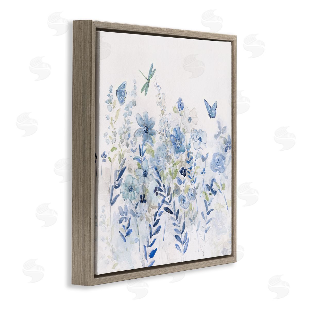 Delicate Blue Floral Garden Brown Floating Frame Canvas Wall Art, Home Decor by Sally Swatland