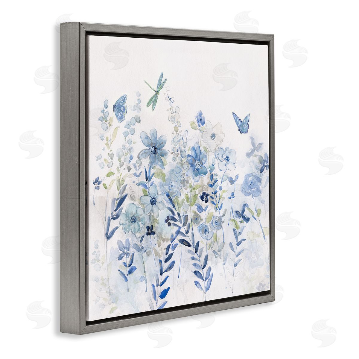 Delicate Blue Floral Garden Grey Floating Frame Canvas Wall Art, Home Decor by Sally Swatland