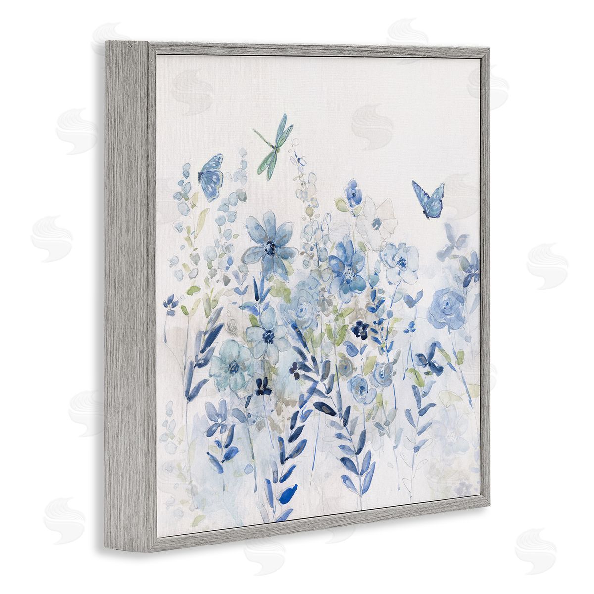 Delicate Blue Floral Garden Grey Frame Print Wall Art, Home Decor by Sally Swatland
