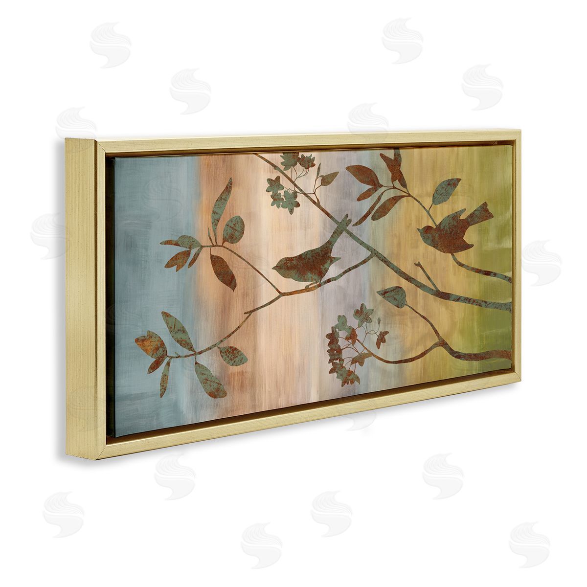 Collaged Bird Nature Silhouette Gold Floating Frame Canvas Wall Art, Home Decor by Chris Donovan
