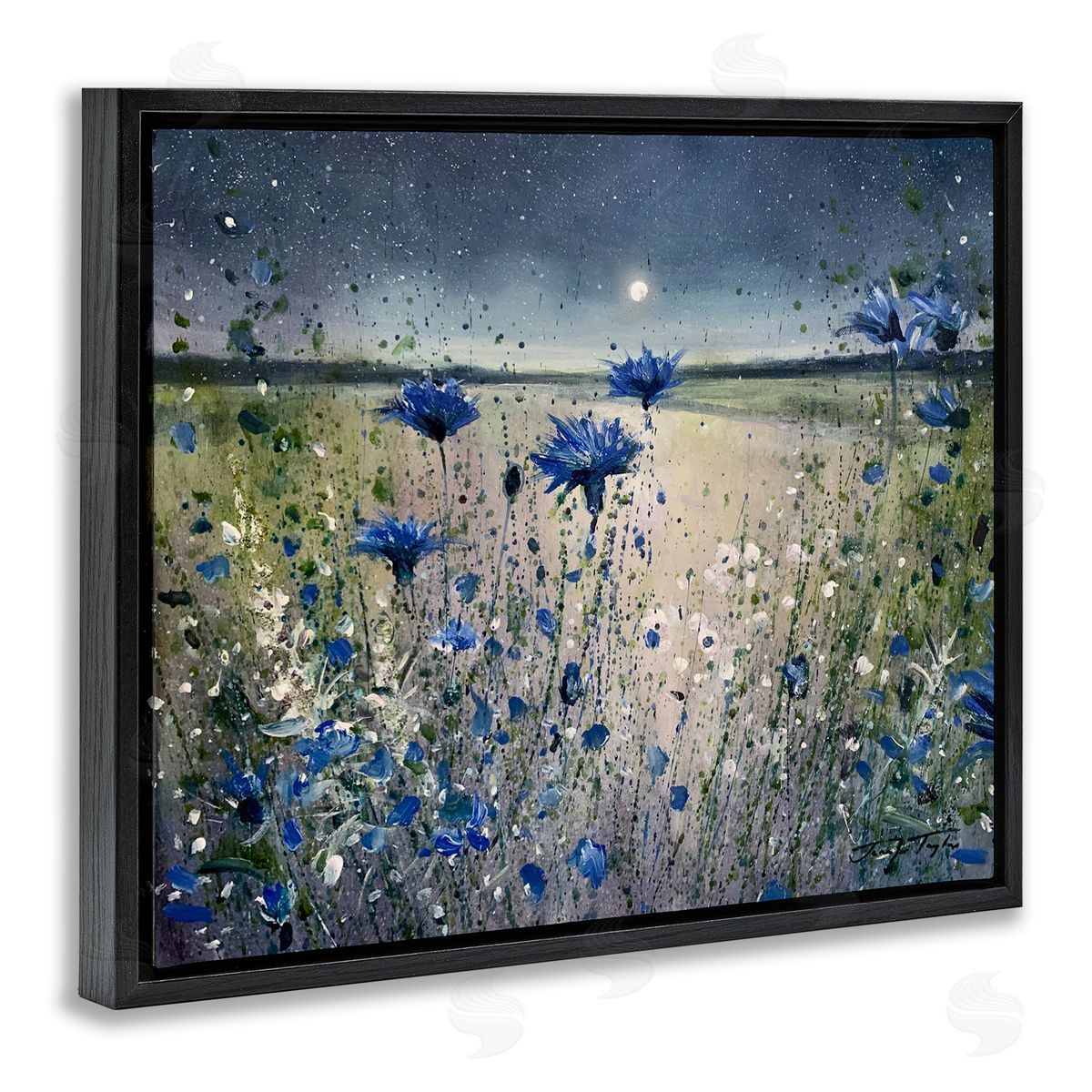 Moon over Blooming Flowers Black Floating Frame Canvas Wall Art, Home Decor by Jennifer Taylor Art