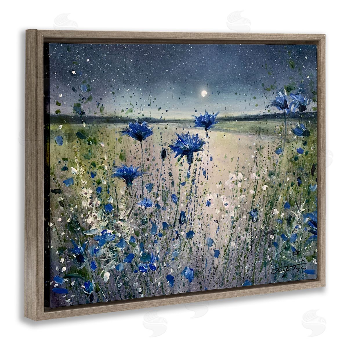 Moon over Blooming Flowers Brown Floating Frame Canvas Wall Art, Home Decor by Jennifer Taylor Art