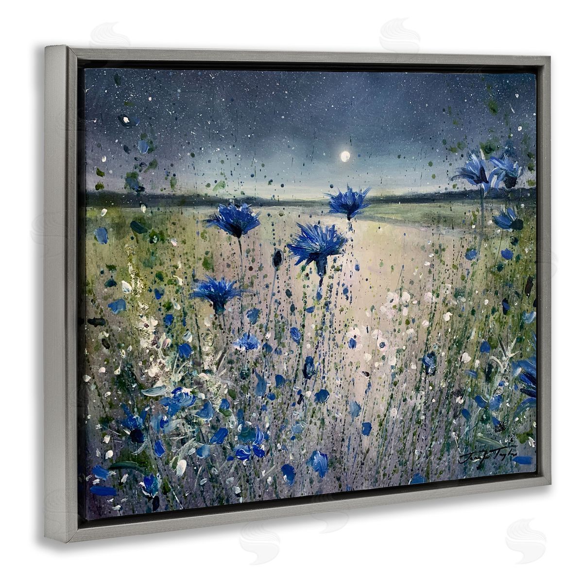 Moon over Blooming Flowers Grey Floating Frame Canvas Wall Art, Home Decor by Jennifer Taylor Art