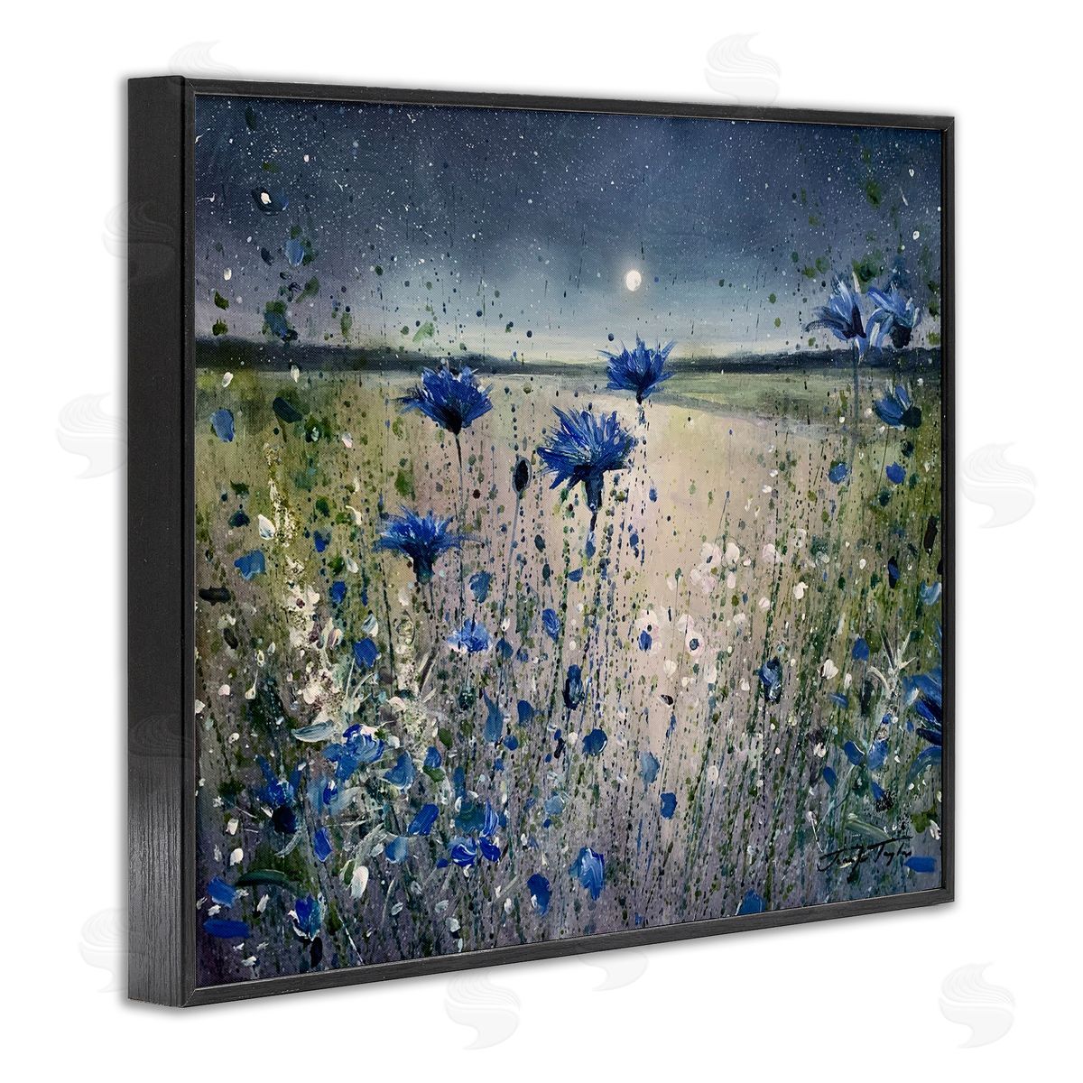 Moon over Blooming Flowers Black Frame Print Wall Art, Home Decor by Jennifer Taylor Art