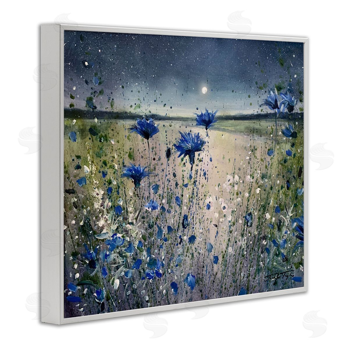 Moon over Blooming Flowers White Frame Print Wall Art, Home Decor by Jennifer Taylor Art