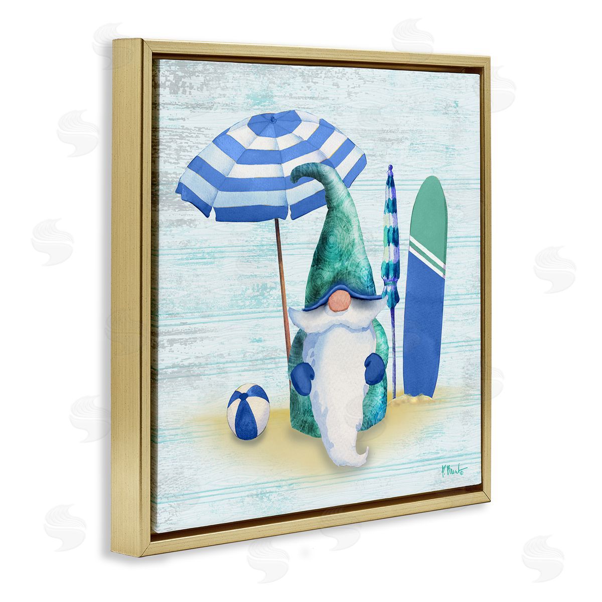 Paul Brent Coastal Seaside Garden Gnome  Gold Floating Frame Canvas Wall Art Print