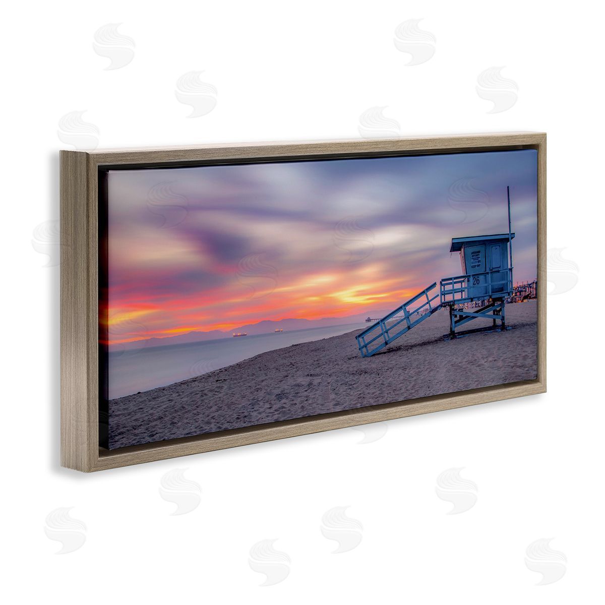 Beach Hut Sunset Horizon Brown Floating Frame Canvas Wall Art, Home Decor by Jeff Poe