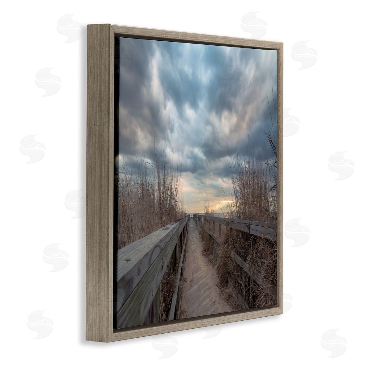 Pat DeLuca Cloudy Coastal Boardwalk View Brown Floating Frame Canvas Wall Art Print